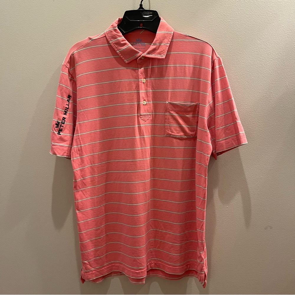 Peter Millar Polo shirt Men’s S Pink striped. Logo Embroidered on the shirt